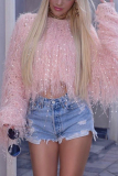 Pink knitting O Neck Long Sleeve HOLLOWED OUT tassel Solid 