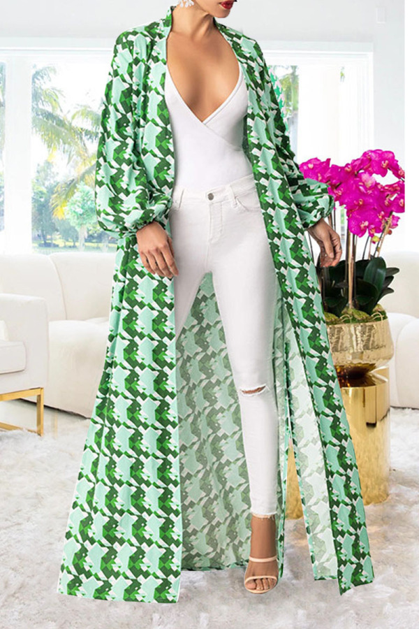 Green Casual Print Patchwork Mandarin Collar Outerwear