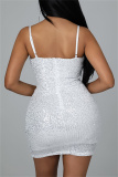 White Sexy Patchwork Hot Drilling Backless Spaghetti Strap Sleeveless Dress