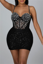 Black Sexy Patchwork Hot Drilling Backless Spaghetti Strap Sleeveless Dress