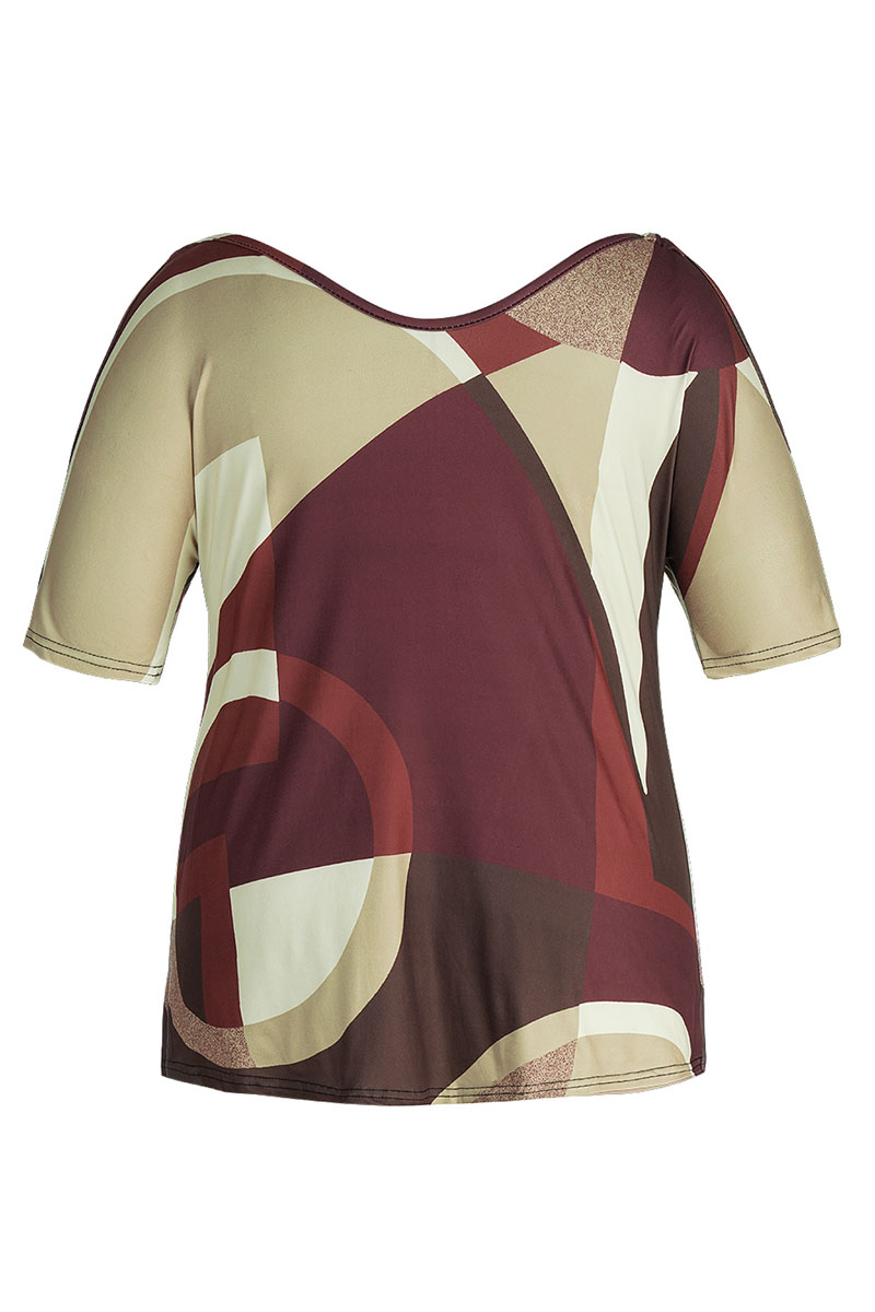 Red-brown Casual Print Patchwork V Neck Plus Size Tops_PLUS SIZE ...