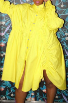Yellow Casual Solid Split Joint Buckle Fold Asymmetrical Mandarin Collar Shirt Dress Dresses