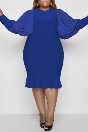 Blue Fashion Casual Solid Patchwork O Neck Long Sleeve Plus Size Dresses