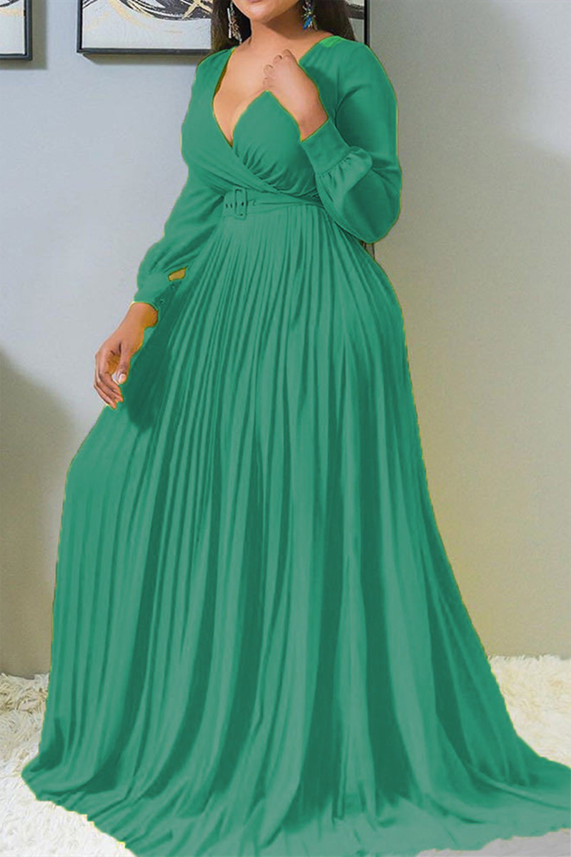 Green Sexy Fashion V-neck Long Sleeve Dress (Without Belt)_PLUS SIZE ...