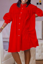 Red Casual Solid Patchwork Buckle Fold Asymmetrical Mandarin Collar Shirt Dress Dresses