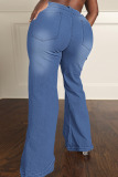 Deep Blue Street Solid Ripped Patchwork Plus Size Jeans