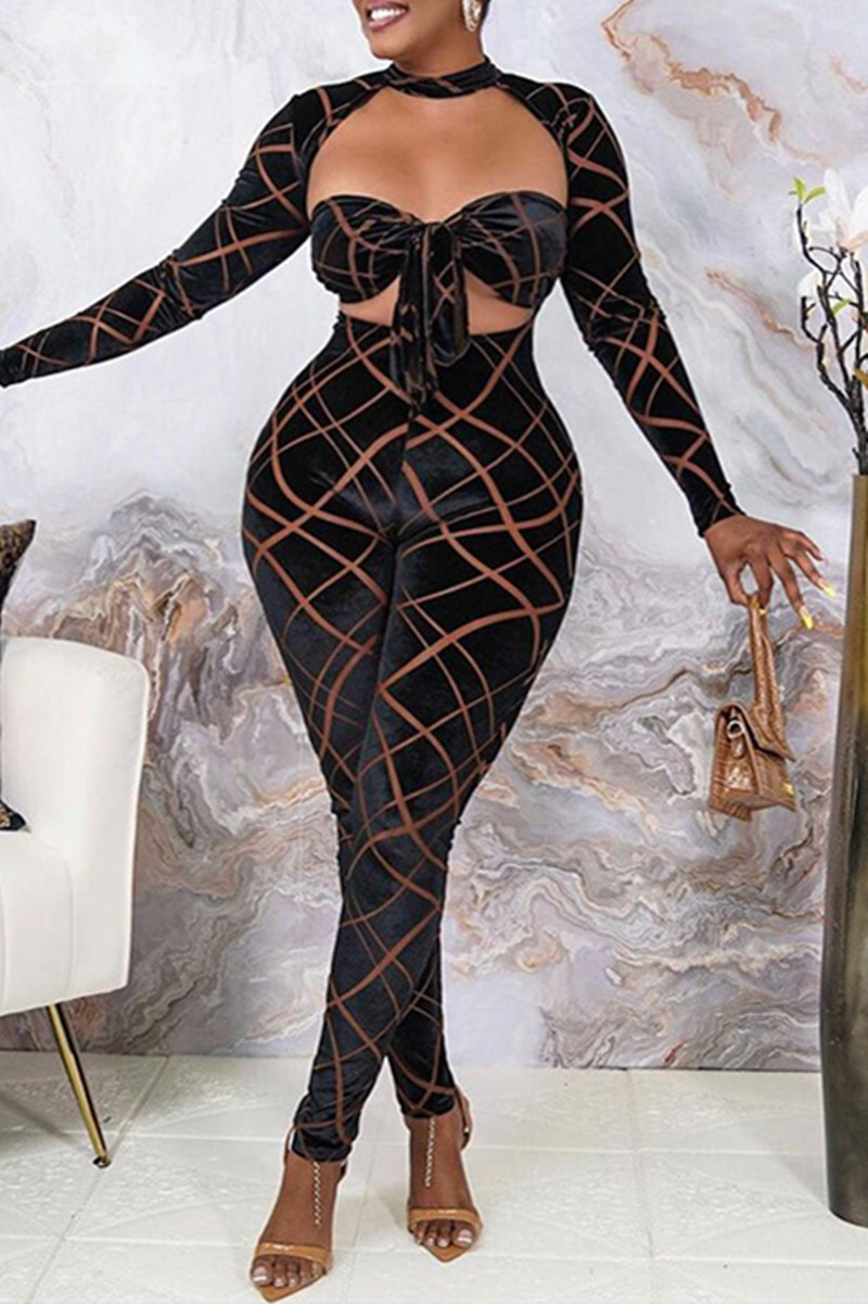 

Black Fashion Sexy Print Bandage Hollowed Out O Neck Skinny Jumpsuits