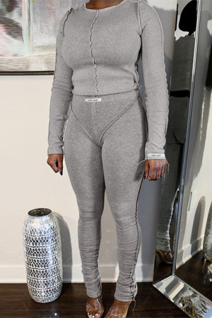 Light Gray Fashion Casual Solid Patchwork Fold O Neck Long Sleeve Two Pieces