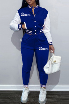 Blue Fashion Casual Patchwork Letter Long Sleeve Two Pieces
