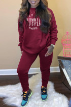 Burgundy Casual Letter Print Patchwork O Neck Long Sleeve Two Pieces