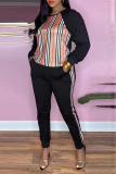 Black Fashion Casual Striped Patchwork O Neck Long Sleeve Two Pieces