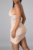 White Sexy Patchwork Hot Drilling See-through Backless V Neck Sling Dress