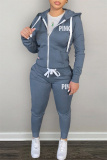 Grey Fashion Casual Letter Print Cardigan Pants Hooded Collar Long Sleeve Two Pieces