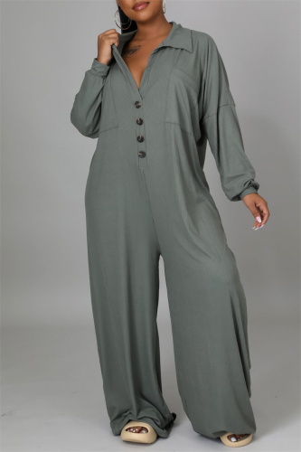 Grey Fashion Casual Solid Patchwork Turndown Collar Regular Jumpsuits