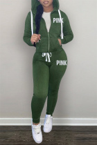 Green Fashion Casual Letter Print Cardigan Pants Hooded Collar Long Sleeve Two Pieces