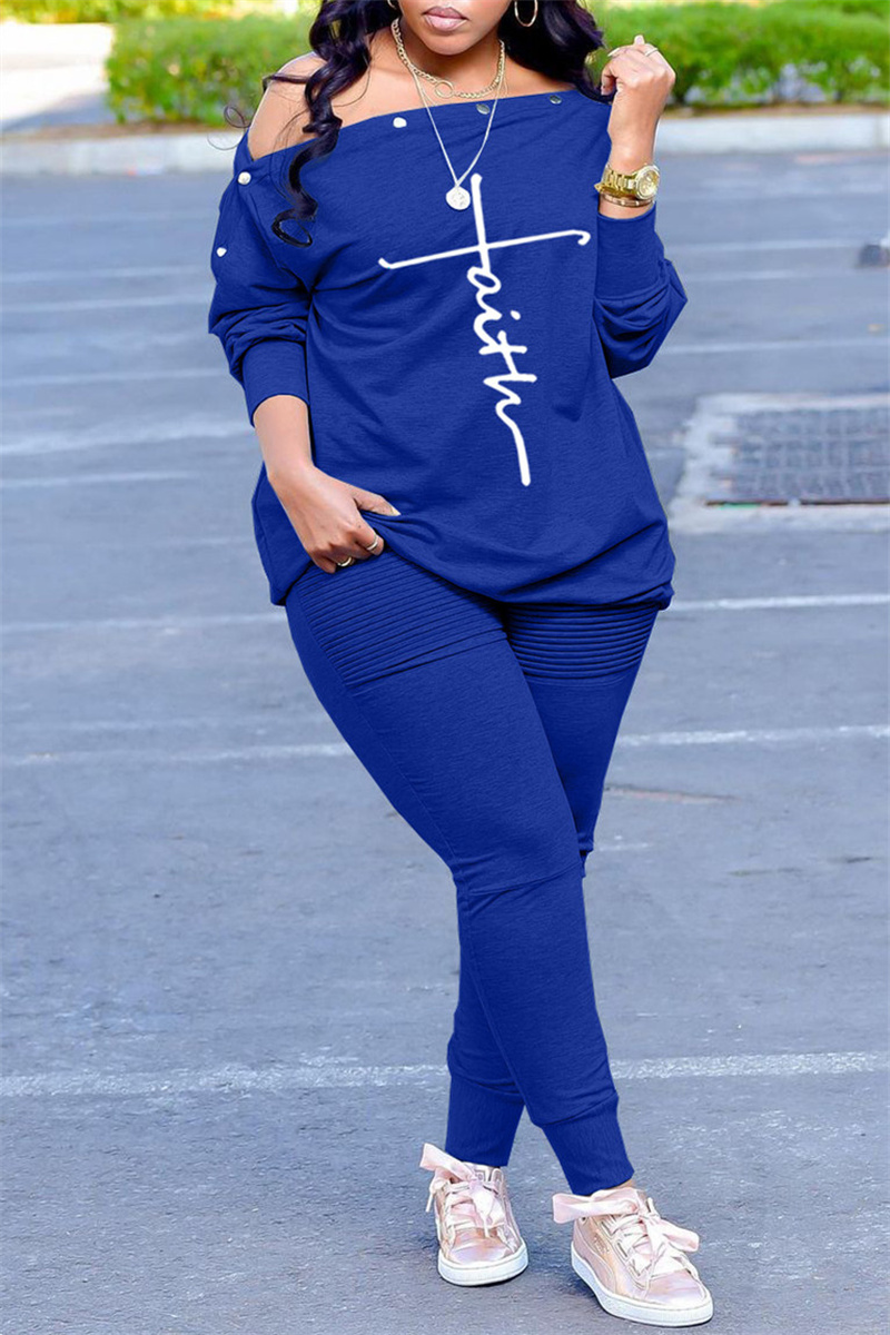 

Blue Fashion Casual Print Patchwork Oblique Collar Long Sleeve Two Pieces