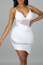 White Sexy Patchwork Hot Drilling See-through Backless V Neck Sling Dress