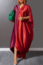 Red Fashion Casual Solid Split Joint V Neck Irregular Dress