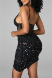 Black Sexy Patchwork Hot Drilling See-through Backless V Neck Sling Dress