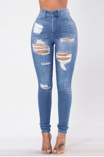 Baby Blue Casual Street Ripped Make Old Patchwork High Waist Denim Jeans