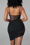 Black Sexy Patchwork Hot Drilling See-through Backless V Neck Sling Dress