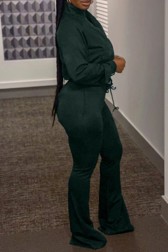 Ink Green Fashion Casual Solid Hot Drill Zipper Collar Long Sleeve Two Pieces