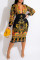 Black Fashion Casual Print Patchwork V Neck Long Sleeve Dresses