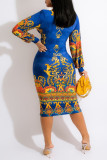 Blue Fashion Casual Print Patchwork V Neck Long Sleeve Dresses