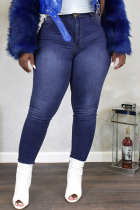 Deep Blue Fashion Casual Solid Bandage High Waist Regular Denim Jeans
