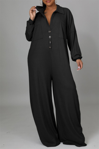 Black Fashion Casual Solid Patchwork Turndown Collar Regular Jumpsuits