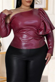 Burgundy Fashion Casual Solid Patchwork Backless Oblique Collar Plus Size Tops