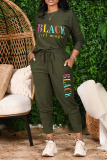 Army Green Casual Letter Print Patchwork O Neck Long Sleeve Two Pieces