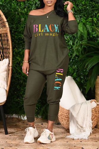 Army Green Casual Letter Print Patchwork O Neck Long Sleeve Two Pieces