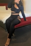 Black Sexy Casual Solid Hollowed Out Turtleneck Two Pieces