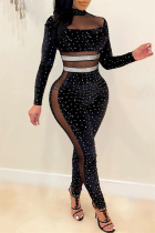 Black Fashion Sexy Patchwork Hot Drilling See-through Turtleneck Skinny Jumpsuits