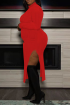 Red Sexy Solid Slit Half A Turtleneck Waist Skirt Dresses
