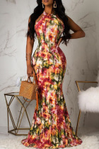 Orange Sexy Print Hollowed Out Split Joint Halter Straight Dresses