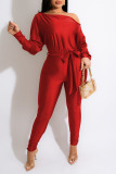 Red Casual Solid Patchwork With Belt Oblique Collar Regular Jumpsuits