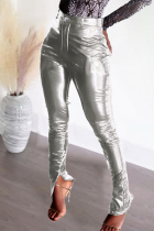 Silver Fashion Casual Solid Slit Skinny Mid Waist Pencil Trousers