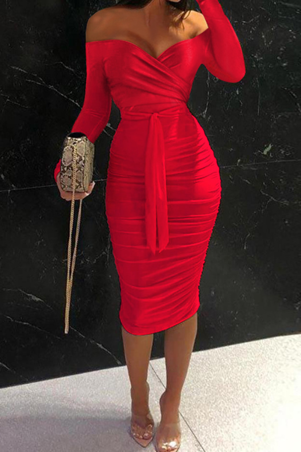 Red Sexy Solid Split Joint Off the Shoulder Pencil Skirt Dresses