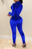 Blue Fashion Sexy Patchwork Hot Drilling See-through Turtleneck Skinny Jumpsuits