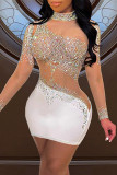 Black Sexy Patchwork Hot Drilling See-through Backless Turtleneck Long Sleeve Dresses