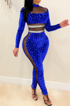 Blue Fashion Sexy Patchwork Hot Drilling See-through Turtleneck Skinny Jumpsuits