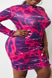 Multicolor Sexy Print Hollowed Out O Neck Plus Size Dresses