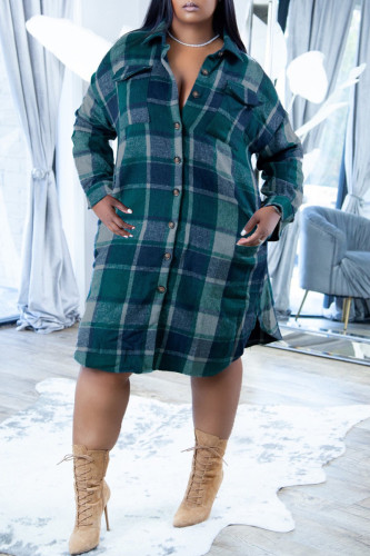 Green Fashion Casual Plaid Print Cardigan Turndown Collar Outerwear