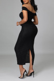 Black Sexy Solid Hollowed Out Patchwork Asymmetrical Off the Shoulder One Step Skirt Dresses