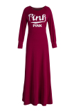 Burgundy Fashion Casual Letter Print Basic O Neck Long Sleeve Dresses