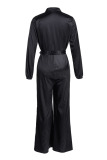 Pink Casual Solid Patchwork Buckle Turndown Collar Straight Jumpsuits