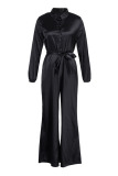 Pink Casual Solid Patchwork Buckle Turndown Collar Straight Jumpsuits