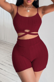Burgundy Fashion Sportswear Solid Patchwork Backless Spaghetti Strap Sleeveless Two Pieces
